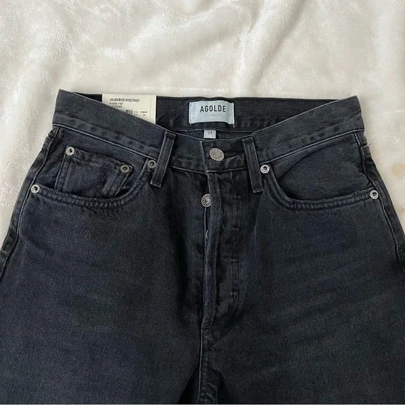 AGOLDE Black Jeans Lana Mid Rise Vintage Straight Jeans Gray 24 Distressed Rips - Picture 3 of 9